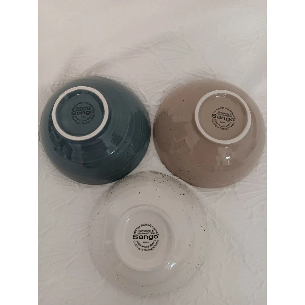 Sango Artist’s Blend Stoneware Salad Bowls Set of 3 Speckled Blue Taupe Cream